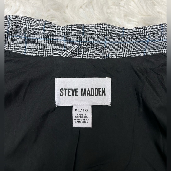 Steve Madden Size XL One Button Plaid Blazer Houndstooth Black White Blue - Picture 6 of 14